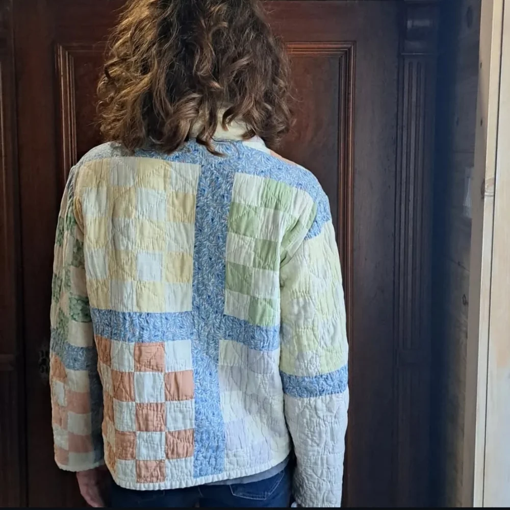 Quilted Patchwork Cowl Neck Sweater - Light Blue & Cream - Picture 2 of 3